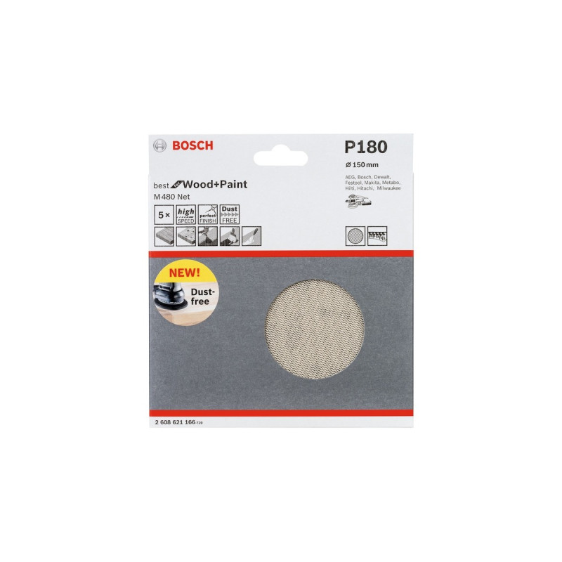 Bosch Netzschleifblatt M480 Net Best for Wood and Paint, Ø 150mm, K180(5 Stück, für Exzenterschleifer)