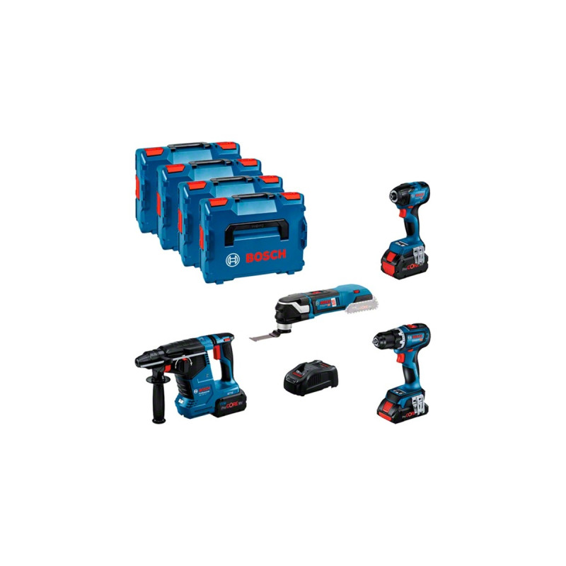 Bosch Profi Set Elektriker 18V: GSR + GDR + GBH + GOP, Werkzeug-Set(blau, 3x Akku ProCORE18V (1x 4,0Ah, 2x 5,5Ah), L-BOXXen)