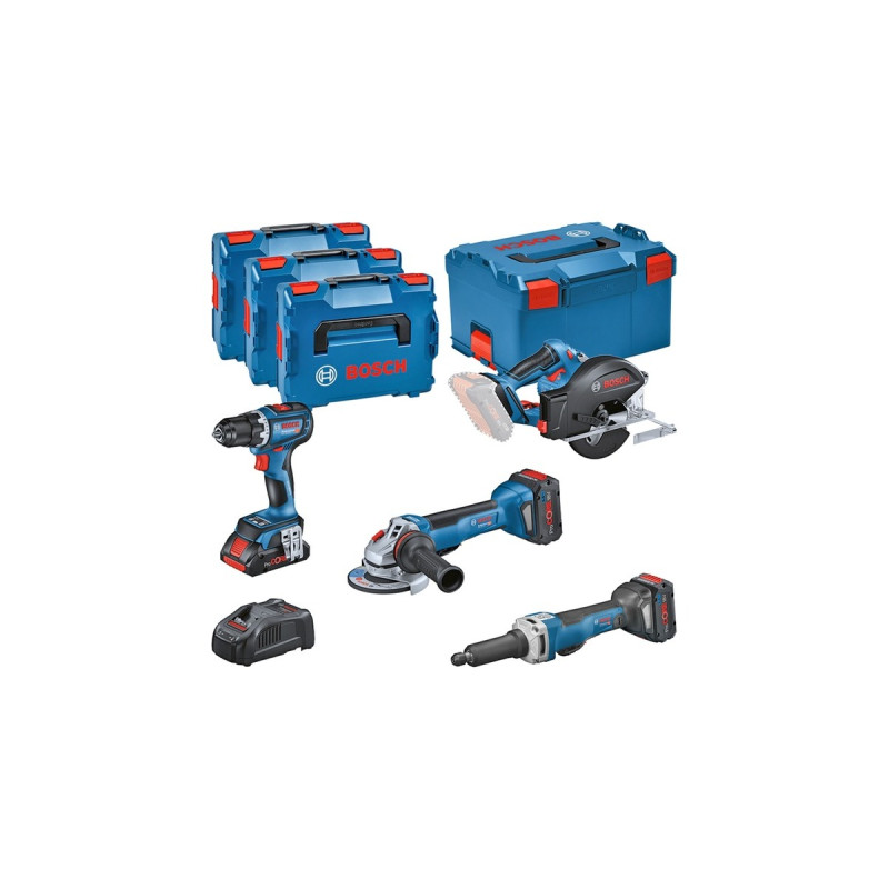 Bosch Profi Set Metall 18V: GSR 18V-90C + GWS 18V-15 PSC + GKM 18V-50 + GGS 18V-23 PLC, Werkzeug-Set(blau, 1x Akku ProCORE18V 4,0Ah, 2x Akku ProCORE18V 5,5Ah, L-BOXX)