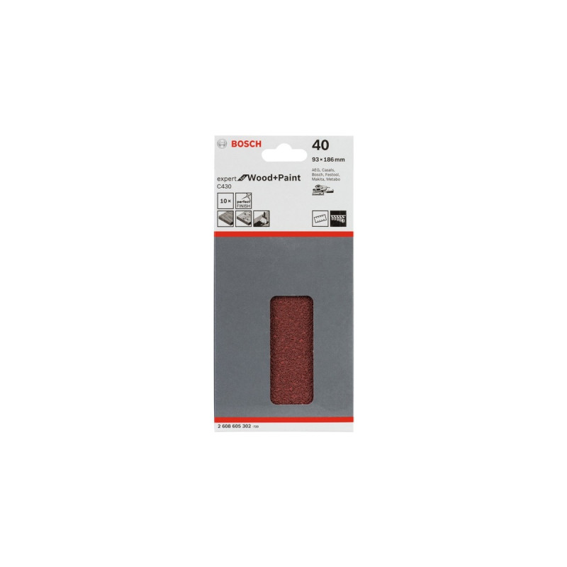 Bosch Schleifblatt C430 Expert for Wood and Paint, 93x186mm, K40(10 Stück, für Schwingschleifer)