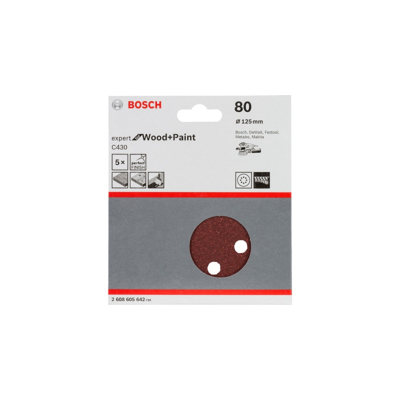 Bosch Schleifblatt C430 Expert for Wood and Paint, Ø 125mm, K80(5 Stück, für Exzenterschleifer)