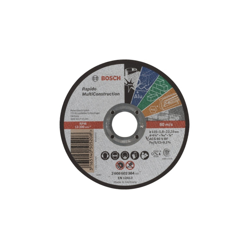 Bosch Trennscheibe MultiConstruction - Rapido, Ø 115mm(Bohrung 22,23mm, ACS 60 V BF, gerade)