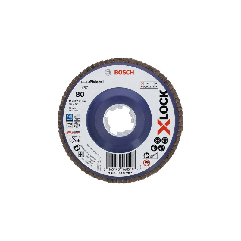 Bosch X-LOCK Fächerscheibe X571 Best for Metal, Ø 115mm, K80, Schleifscheibe(Bohrung 22,23mm, gerade)