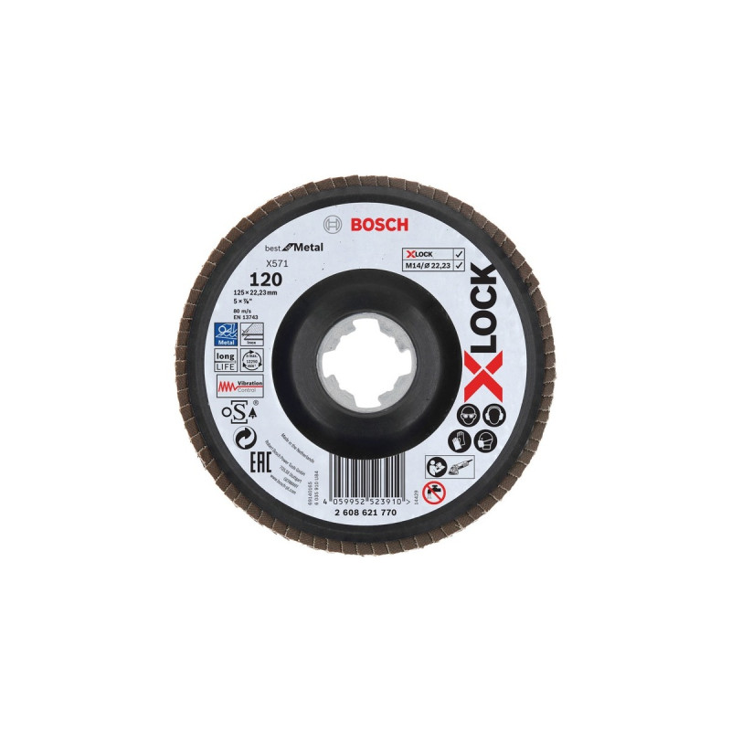 Bosch X-LOCK Fächerscheibe X571 Best for Metal, Ø 125mm, K120, Schleifscheibe(Bohrung 22,23mm, abgewinkelt)