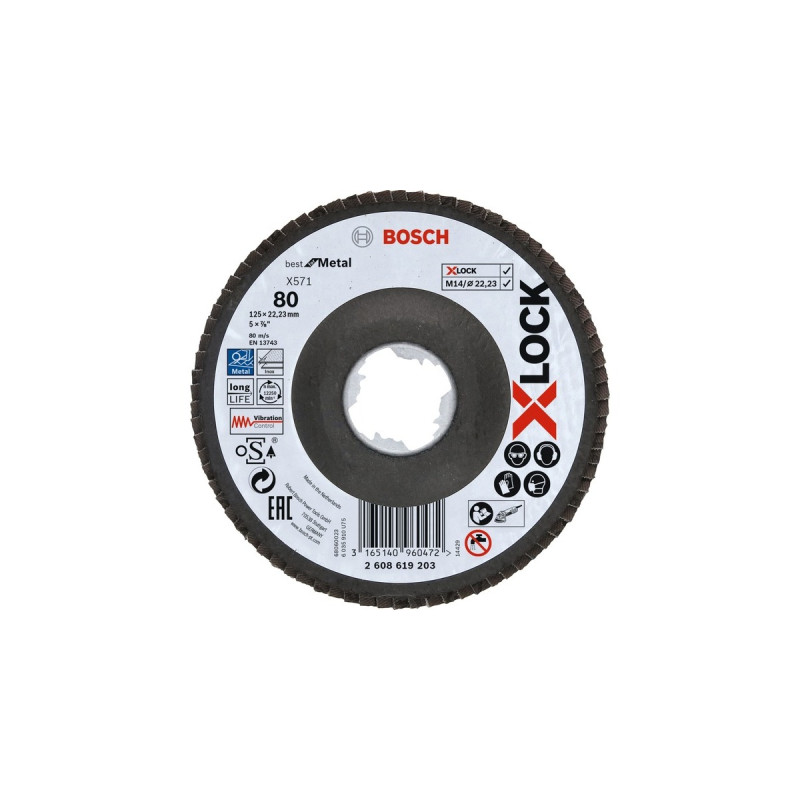Bosch X-LOCK Fächerscheibe X571 Best for Metal, Ø 125mm, K80, Schleifscheibe(Bohrung 22,23mm, abgewinkelt)