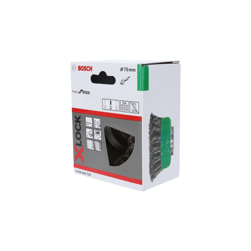 Bosch X-LOCK Topfbürste Heavy for Inox, Ø 75mm, gezopft(0,5mm Edelstahldraht, für X-LOCK Winkelschleifer)