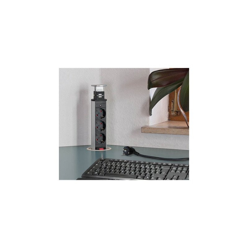 Brennenstuhl Tower Power versenkbare Steckdosenleiste 3-fach(silber/schwarz, 2 Meter)