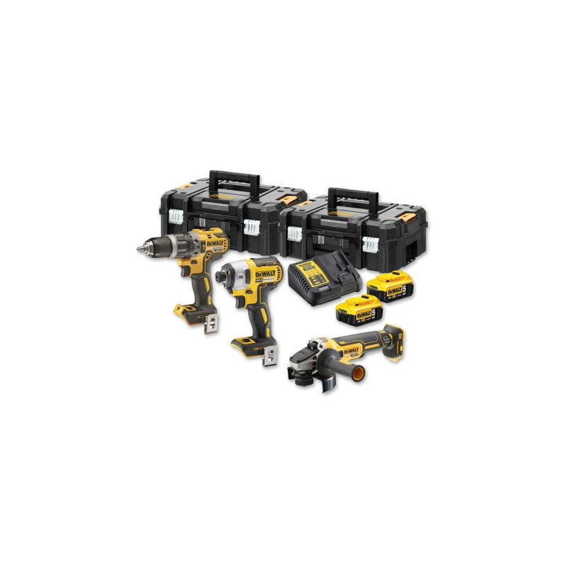 DEWALT Akku-Kombopack Set DCK384P2T, 18Volt, Werkzeug-Set(gelb/schwarz, 2x Li-Ionen Akku 5,0Ah, Schlagbohrschrauber, Schlagschrauber, Winkelschleifer)