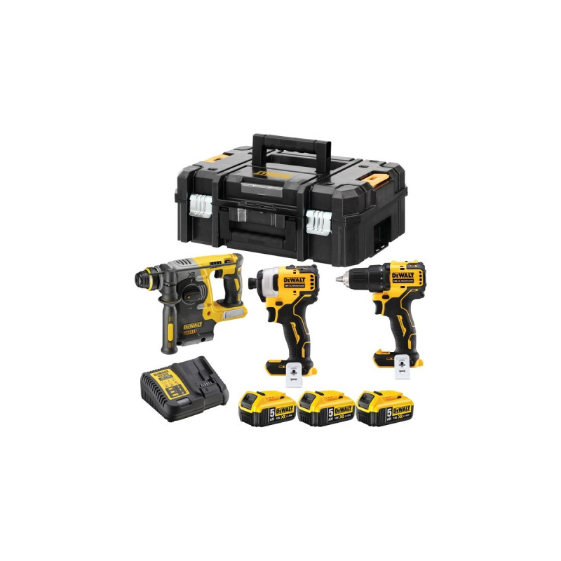 DEWALT Akku-Schrauber Kombopack DCK377P3T, 18Volt, Schlagbohrschrauber(gelb/schwarz, 3 Akkugeräte, 3x Li-Ionen XR Akku 5,0Ah, 2x T STAK-Box II)