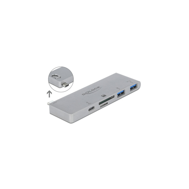 DeLOCK 3 Port Hub und 2 Slot Card Reader, Kartenleser(silber, USB-C 3.2 Gen 1)