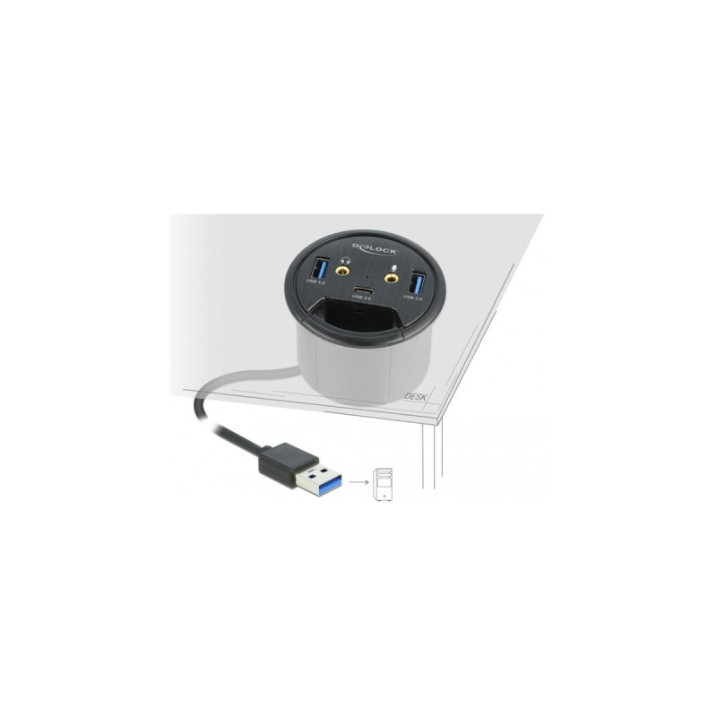 DeLOCK 3 Port Tisch-Hub 1x Typ-C - 2x Typ-A + HD-Audio, USB-Hub