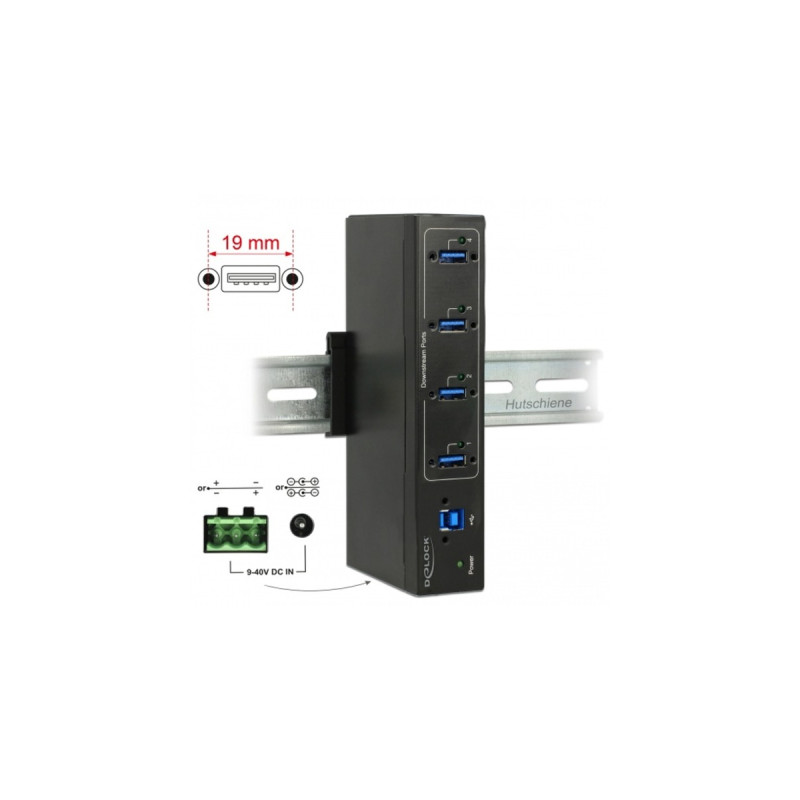 DeLOCK Externer Industrie Hub 4 x USB 3.0 Typ-A, USB-Hub(schwarz)