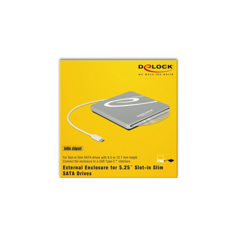 DeLOCK Externes Gehäuse für 5.25″ Slot-in Slim SATA Laufwerke 9,5 / 12,7 mm zu USB Type-C Stecker, Laufwerksgehäuse(silber)