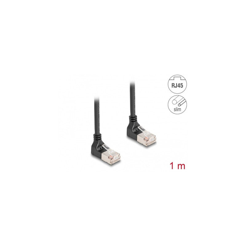 DeLOCK Patchkabel RJ-45 Cat.6a S/FTP, Slim 90° gewinkelt(schwarz, 1 Meter, nach unten abgewinkelte Stecker)