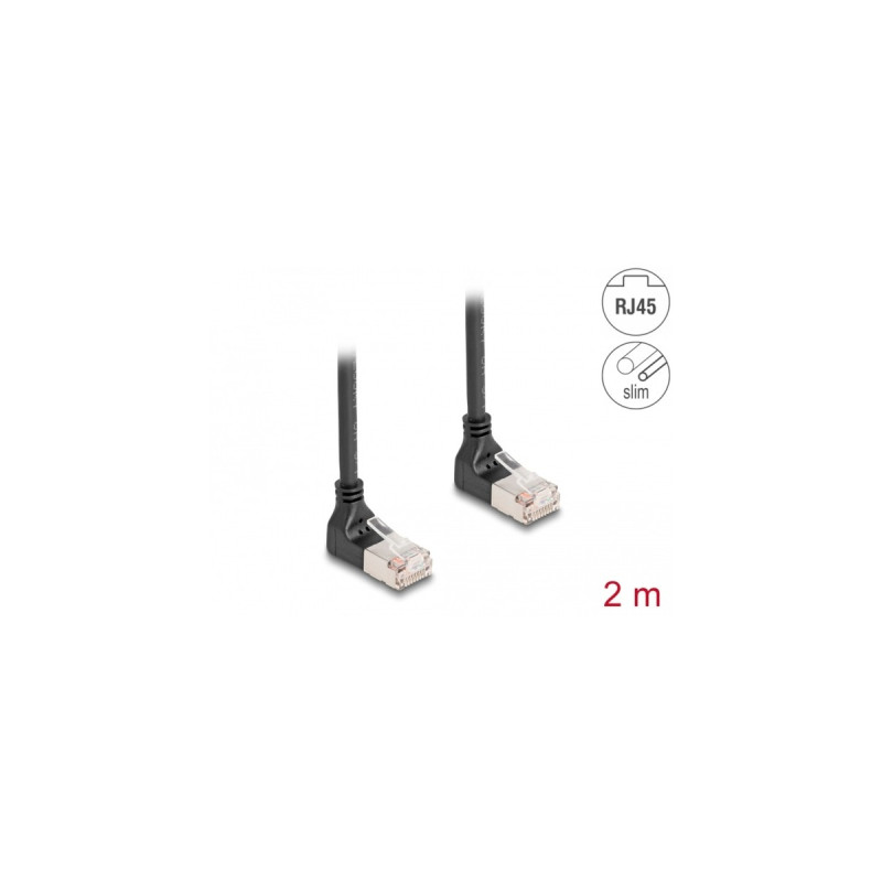 DeLOCK Patchkabel RJ-45 Cat.6a S/FTP, Slim 90° gewinkelt(schwarz, 2 Meter, nach unten abgewinkelte Stecker)