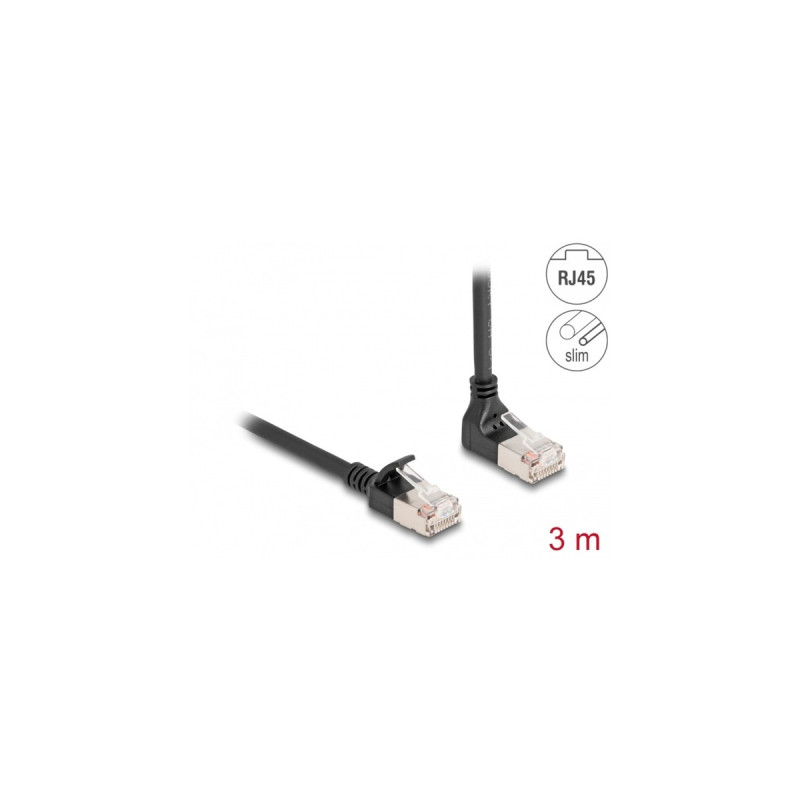 DeLOCK Patchkabel RJ-45 Cat.6a S/FTP, Slim 90° gewinkelt(schwarz, 3 Meter, 1x gerader, 1x unten abgewinkelter Stecker)
