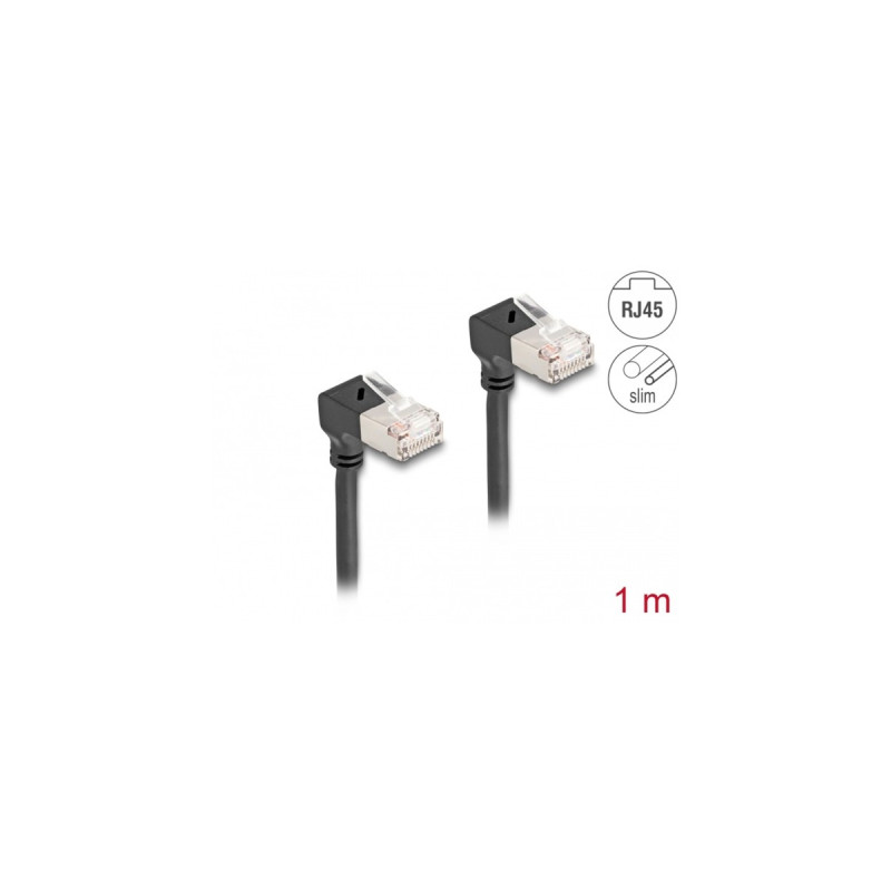 DeLOCK Patchkabel RJ-45 Cat.6a S/FTP, Slim 90° gewinkelt(schwarz, 1 Meter, nach oben abgewinkelte Stecker)
