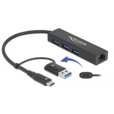 DeLOCK USB 3.2 Gen 1 Hub mit 3 Ports und Gigabit LAN und USB-C/A-Stecker, Dockingstation(schwarz)