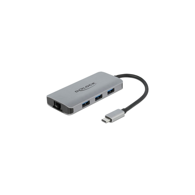 DeLOCK USB 3.2 Gen 1 Hub mit 4 Ports und Gigabit LAN und PD, Dockingstation(grau)
