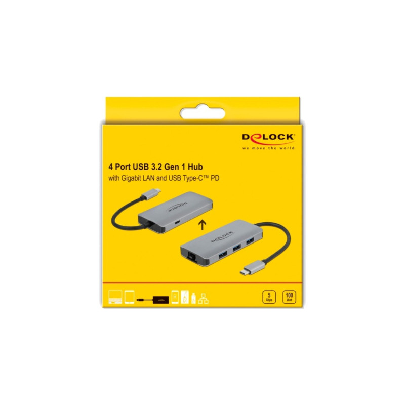 DeLOCK USB 3.2 Gen 1 Hub mit 4 Ports und Gigabit LAN und PD, Dockingstation(grau)