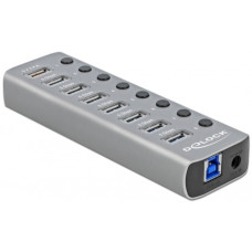 DeLOCK USB 3.2 Gen 1 Hub mit 7 Ports + 1 Schnellladeport + 1 USB-C PD 3.0 Port , USB-Hub(grau, mit Schalter und Beleuchtung)