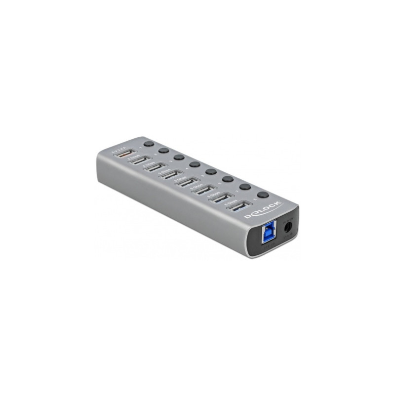 DeLOCK USB 3.2 Gen 1 Hub mit 7 Ports + 1 Schnellladeport + 1 USB-C PD 3.0 Port , USB-Hub(grau, mit Schalter und Beleuchtung)