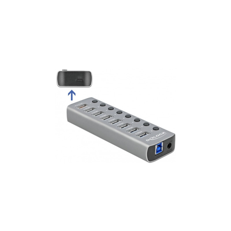 DeLOCK USB 3.2 Gen 1 Hub mit 7 Ports + 1 Schnellladeport + 1 USB-C PD 3.0 Port , USB-Hub(grau, mit Schalter und Beleuchtung)