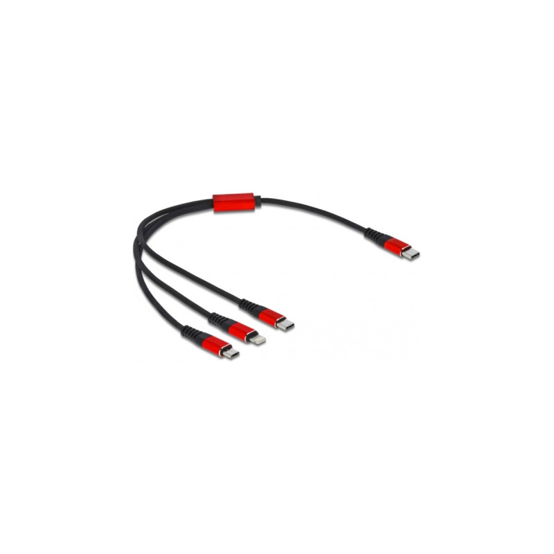 Micro-USB + USB-C + Lightning Stecker(schwarz/rot, 30cm, gesleevt, nur Ladefunktion)