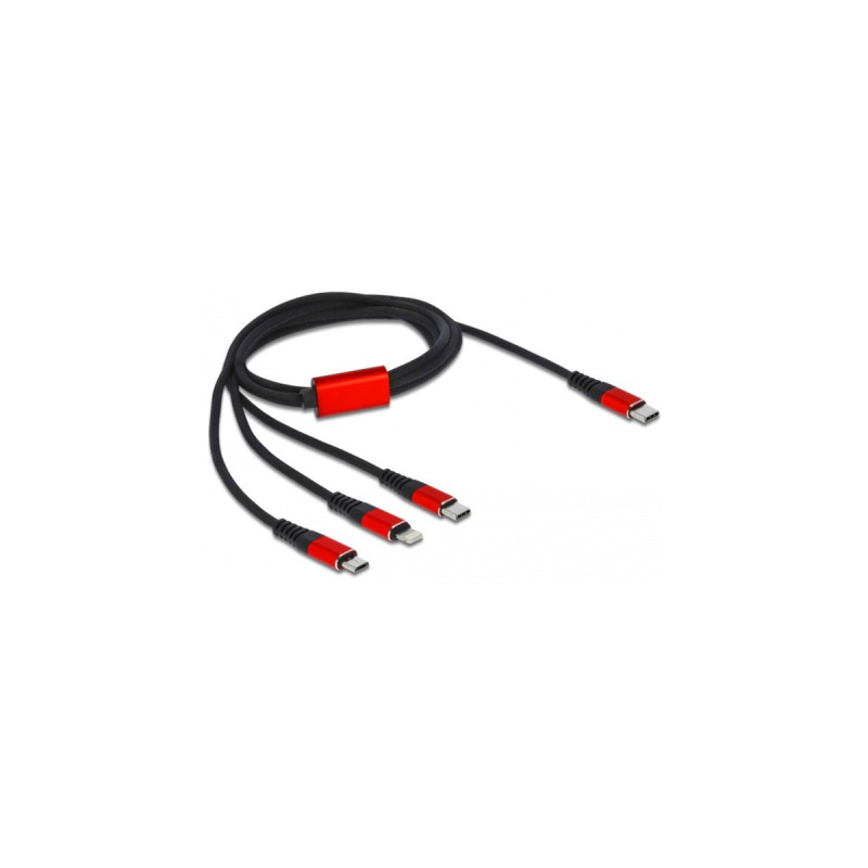 Micro-USB + USB-C + Lightning Stecker(schwarz/rot, 1 Meter, gesleevt, nur Ladefunktion)