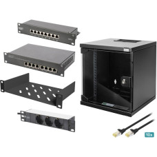 Digitus Netzwerk-Set 254 mm (10") - 6HE, 312 x 300 mm (B x T), IT-Schrank(schwarz, inkl. 6HE Wandgehäuse, Fachboden, PDU, 8-Port Switch, CAT 6 Patch Panel)
