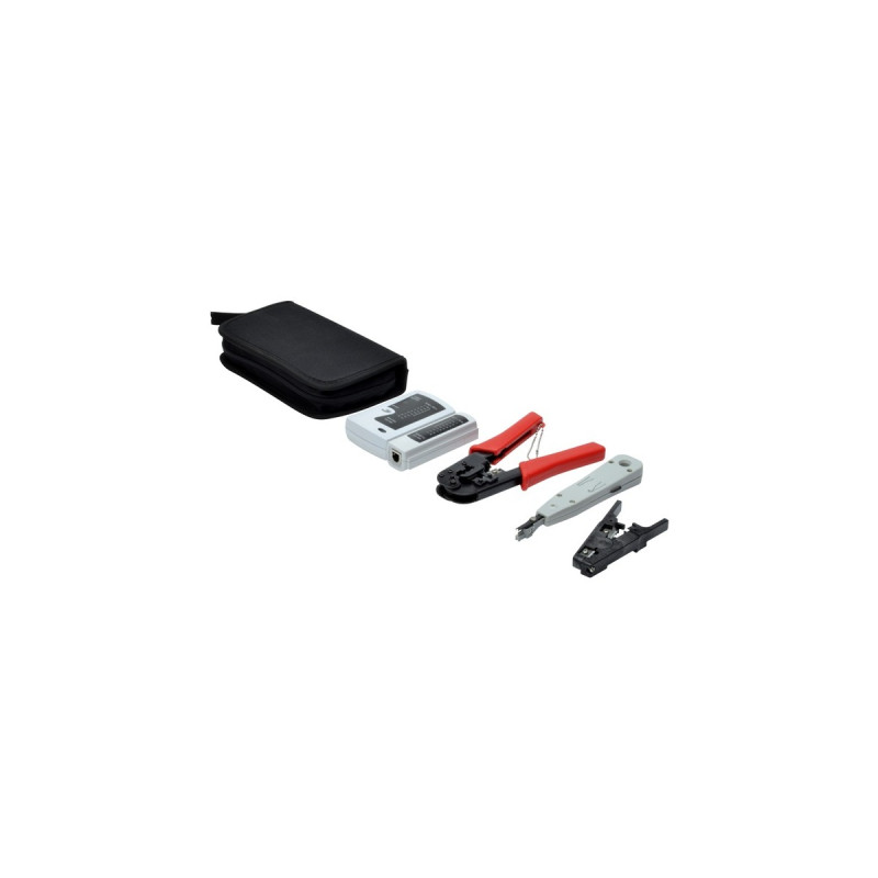 Digitus Netzwerk-Werkzeugset DN-94022, Abisolier-/ Abmantelungswerkzeug(schwarz, mit LSA-Auflegewerkzeug und Crimpzange)