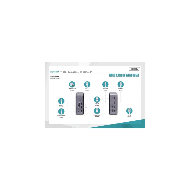 Digitus USB4 Dockingstation 8K, USB Type-C(grau/schwarz, HDMI, DP, USB-A, USB-C, USB4, 3,5mm, SD/MicroSD)