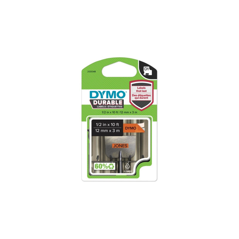 Dymo D1 Hochleistungs-Etikettenband 1978367, Schriftband(12 mm x 3 m, schwarz auf orange)