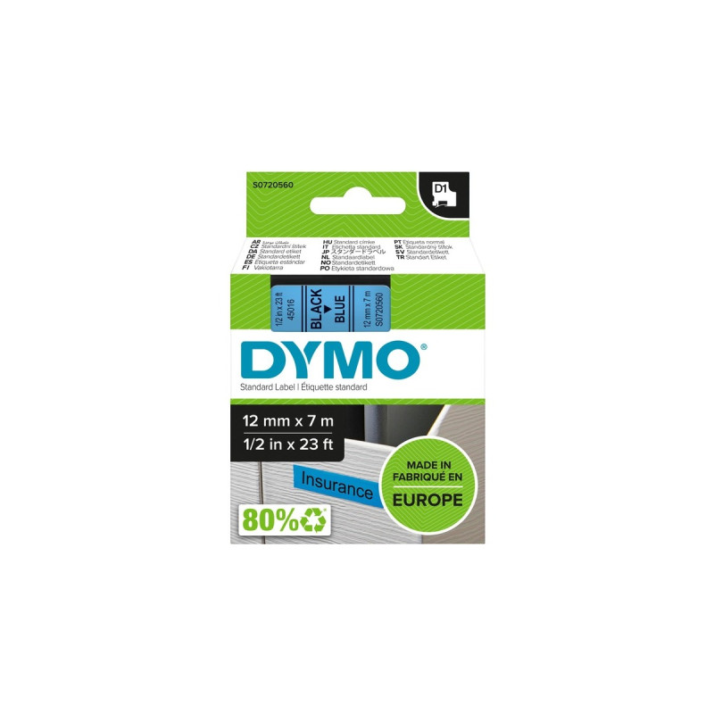 Dymo D1 ORIGINAL Schriftband, schwarz auf blau, 12mm x 7m(S0720560)