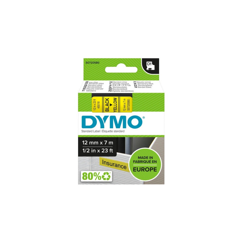 Dymo D1 ORIGINAL Schriftband, schwarz auf gelb, 12mm x 7m(S0720580)