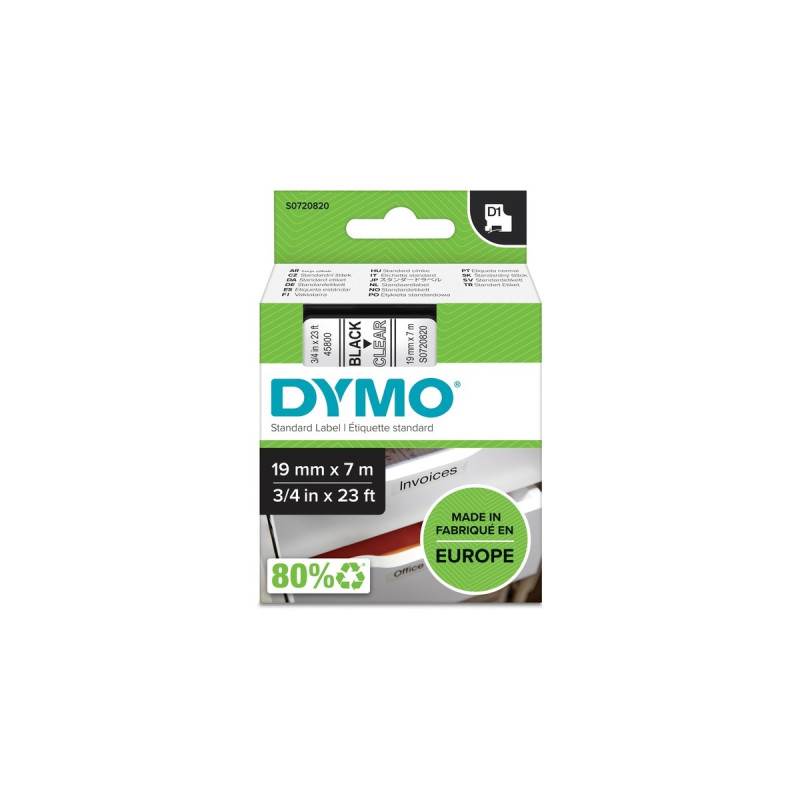 Dymo D1 ORIGINAL Schriftband, schwarz auf transparent, 19mm x 7m(S0720820)