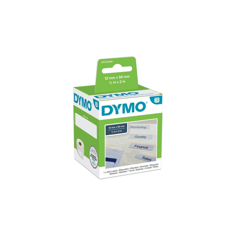 Dymo LabelWriter ORIGINAL Hängeablageetiketten 12x50mm, 1 Rolle mit 220 Etiketten(weiß, permanent klebend, S0722460)