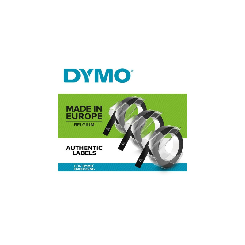 Dymo ORIGINAL Vinyl selbstklebende Prägebänder, Schriftband(3er Blister, weißer Druck auf schwarzem Untergrund, S0847730)