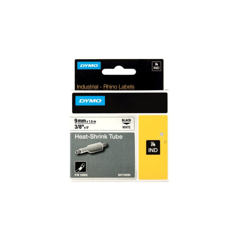 Dymo Rhino IND ORIGINAL Heißschrumpfschlauch 9mm x 1,5m, schwarz auf weiß, Etiketten- Schrumpfschlauch(für Durchmesser 1,73-3,73 mm, 18053)