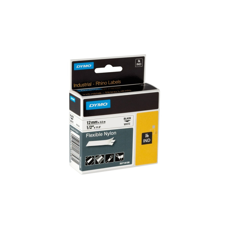 Dymo Rhino IND ORIGINAL Schriftband Flexibles Nylon 12mm x 3,5m schwarz auf weiß(permanent haftend, 18488)