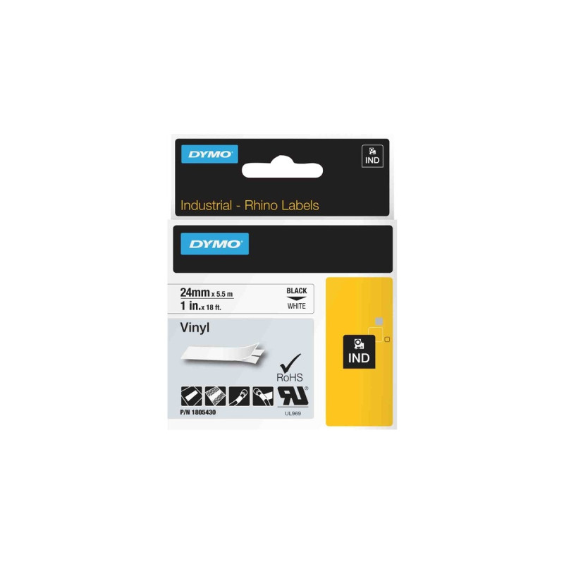 Dymo Rhino IND ORIGINAL Schriftband Vinyl 24mm x 5,5m, schwarz auf weiß(permanent klebend, 1805430)