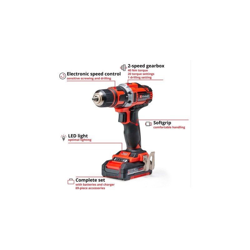 Einhell Akku-Bohrschrauber-Set TE-CD 18/40 Li +69, 18Volt(rot/schwarz, 2x Li-Ion-Akku 2,0Ah, 69-teiliges Zubehör)