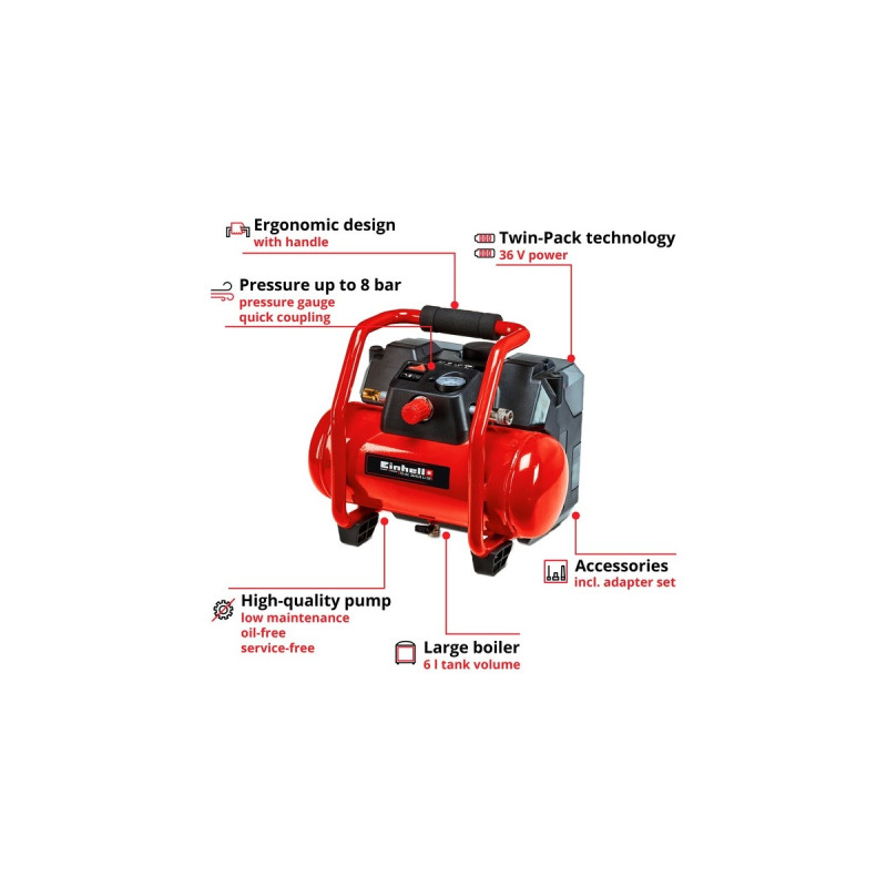 Einhell Akku-Kompressor TE-AC 36/6/8 Li OF Set-Solo(rot/schwarz, ohne Akku und Ladegerät)