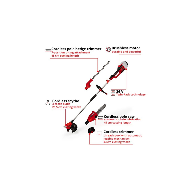 Einhell Akku-Multifunktionswerkzeug GE-LM 36/4in1 Li-Solo, 36Volt (2x18V), Rasentrimmer(rot/schwarz, ohne Akku und Ladegerät, 4in1: Motorsense, Heckenschere, Hochentaster)