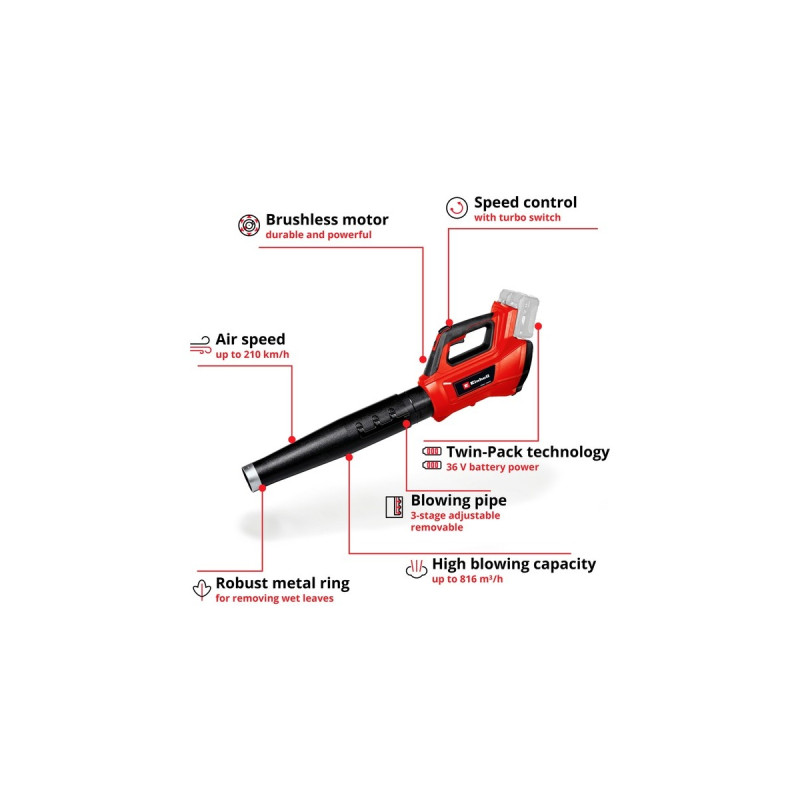 Einhell Professional Akku-Laubbläser GE-LB 36/210 Li E - Solo, 36Volt (2x18V), Laubgebläse(rot/schwarz, ohne Akku und Ladegerät)
