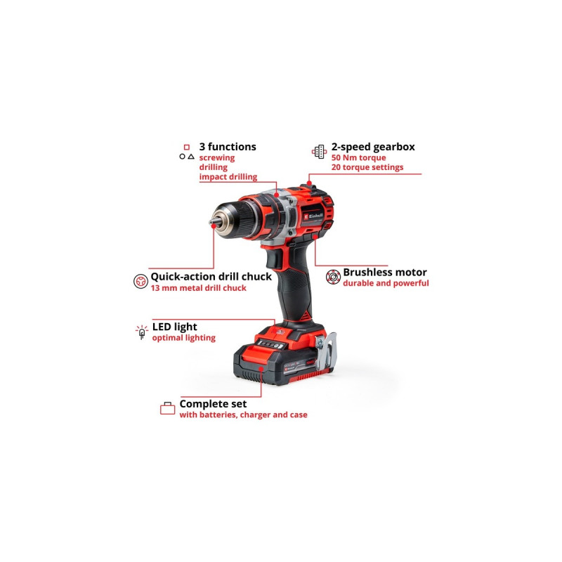 Einhell Professional Akku-Schlagbohrschrauber TE-CD 18/50 Li-i BL, 18Volt(rot/schwarz, 2x Li-Ionen Akku 2,0Ah)