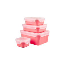 Emsa CLIP & CLOSE Color Frischhaltedose, 4-teiliges Set(koralle/transparent, rechteckig, 4 Dosen + 4 Deckel)