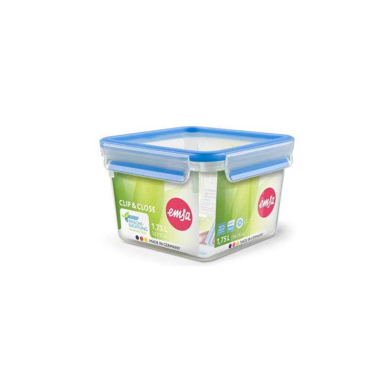Emsa CLIP & CLOSE Frischhaltedose 1,75 Liter(transparent/blau, quadratisch)