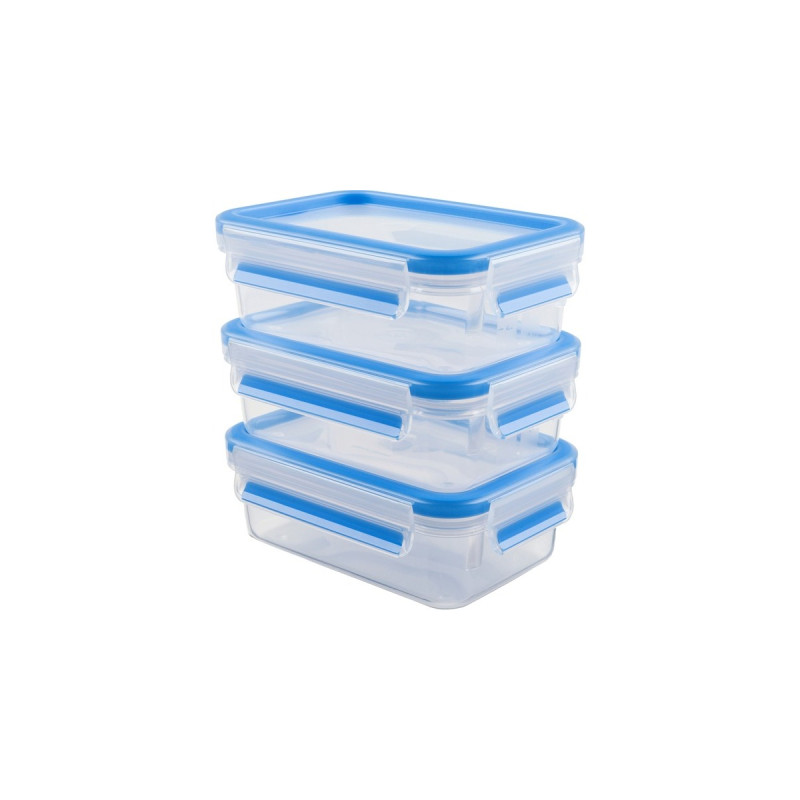 Emsa CLIP & CLOSE Frischhaltedosen 1,0 Liter(transparent/blau, rechteckig, 3 Stück)
