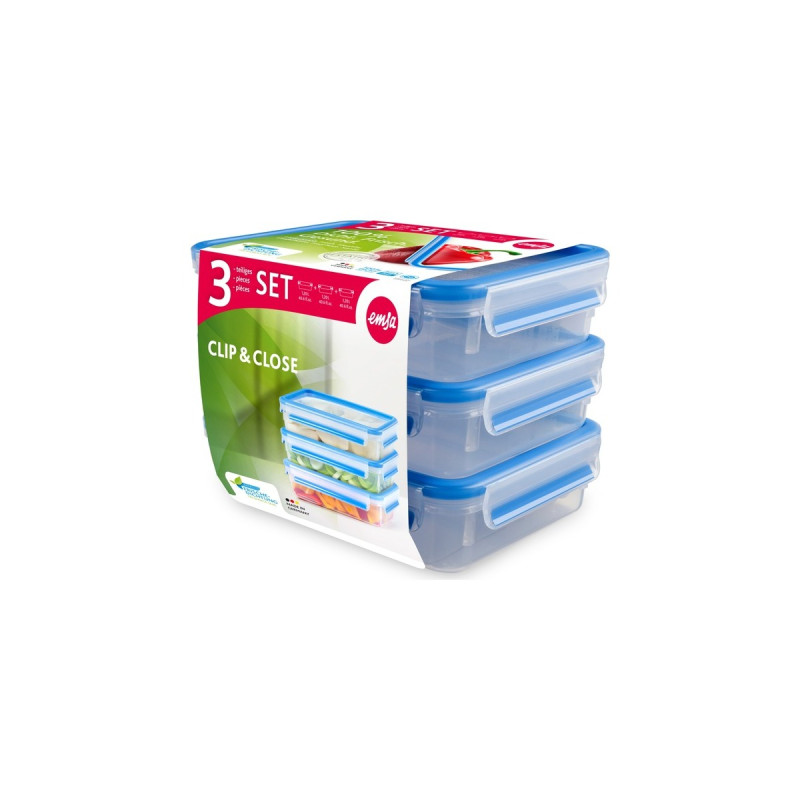 Emsa CLIP & CLOSE Frischhaltedosen 1,2 Liter(transparent/blau, rechteckig, 3 Stück)